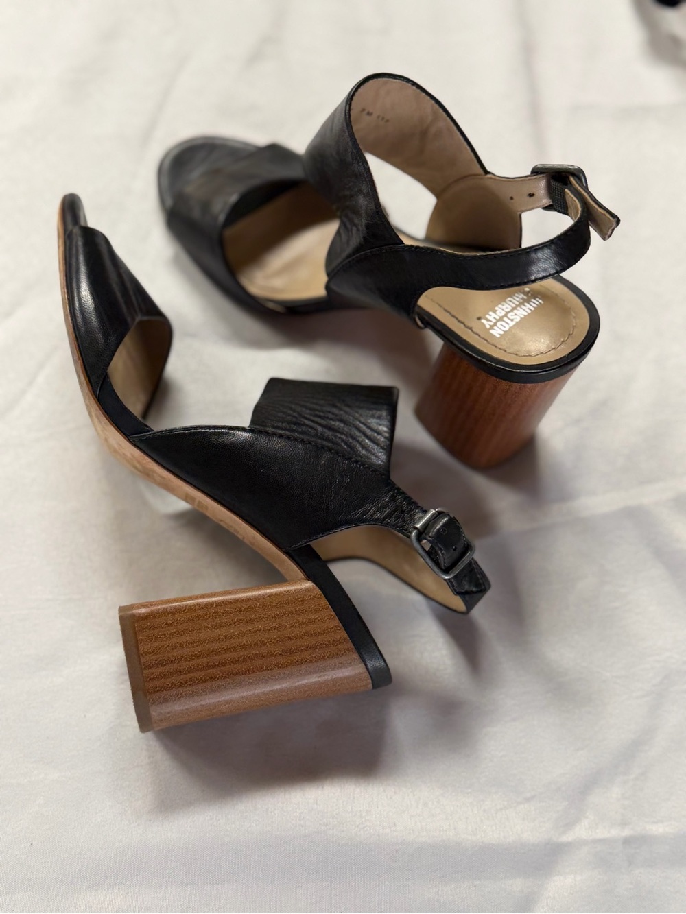Johnston & Murphy Black Leather Sandal with Wood Block Heel